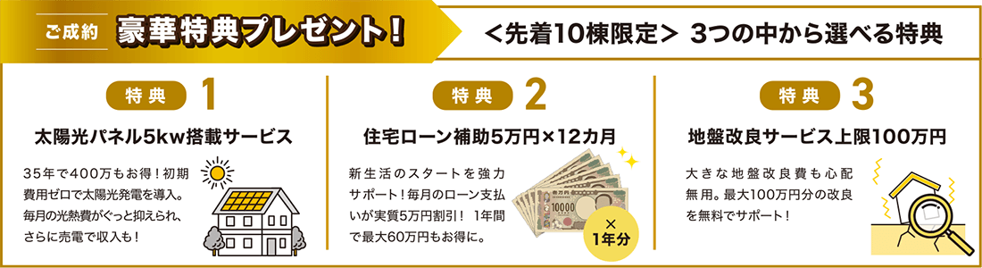 ご成約豪華特典プレゼント ＜先着10棟限定＞3つの中から選べる特典