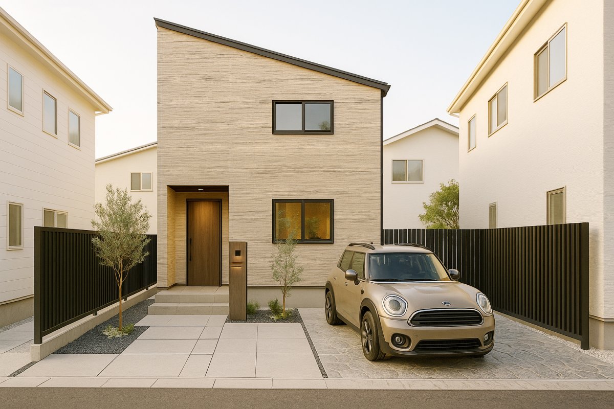 ベージュの外壁を基調とした、シンプルで統一感のあるデザイン！駐車スペース2台分確保のため、広々駐車可能です。